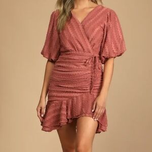 NWT Lulu's Cherish This Moment Rusty Rose Ruched Asymmetrical Mini Dress